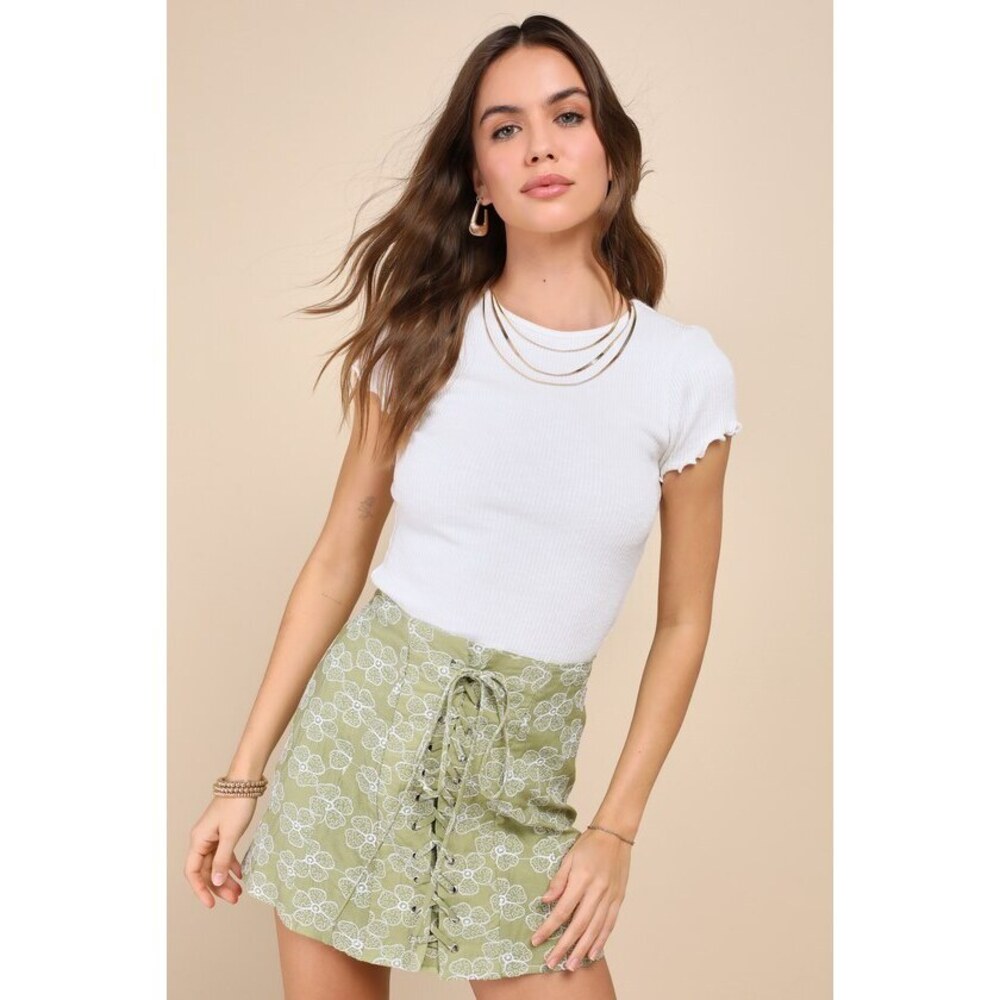 Lulus Aesthetic Icon Green Floral Embroidered Lace-up Mini Skirt - Size M